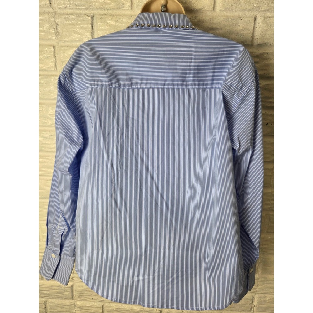 Western Women's blouse Sz Small BLUE B l/s Jewels Blue Pinstripe Button up NWT - Picture 9 of 13